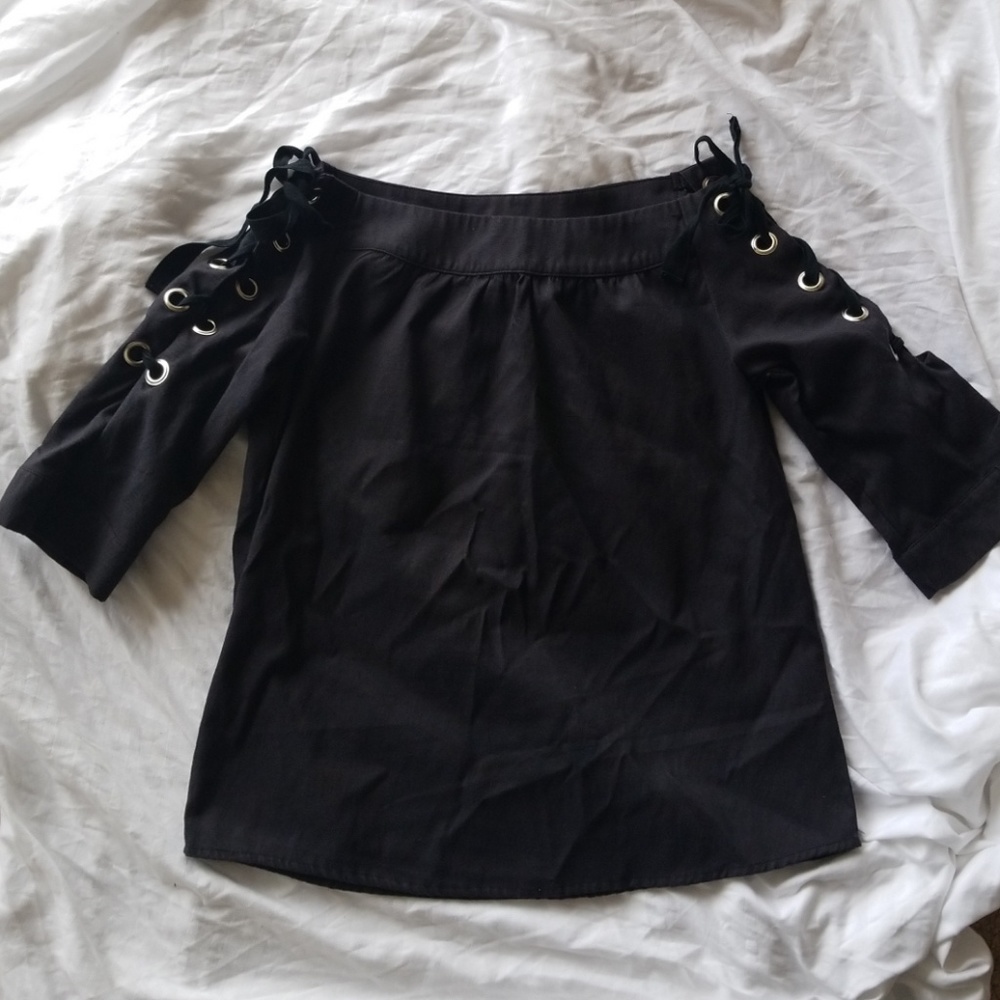 Black off the shoulder top with tie up sleeves
